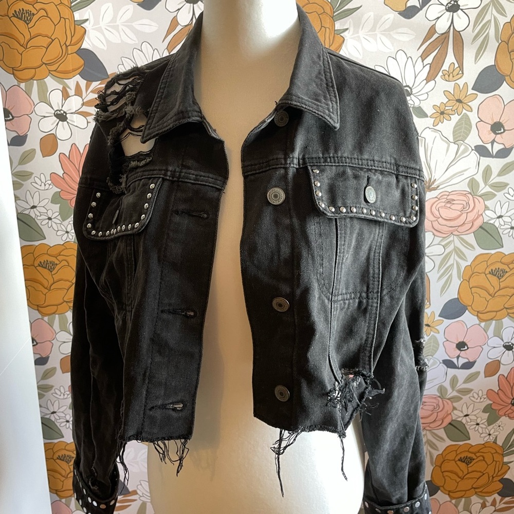 Black Studded Distressed Jean Jacket